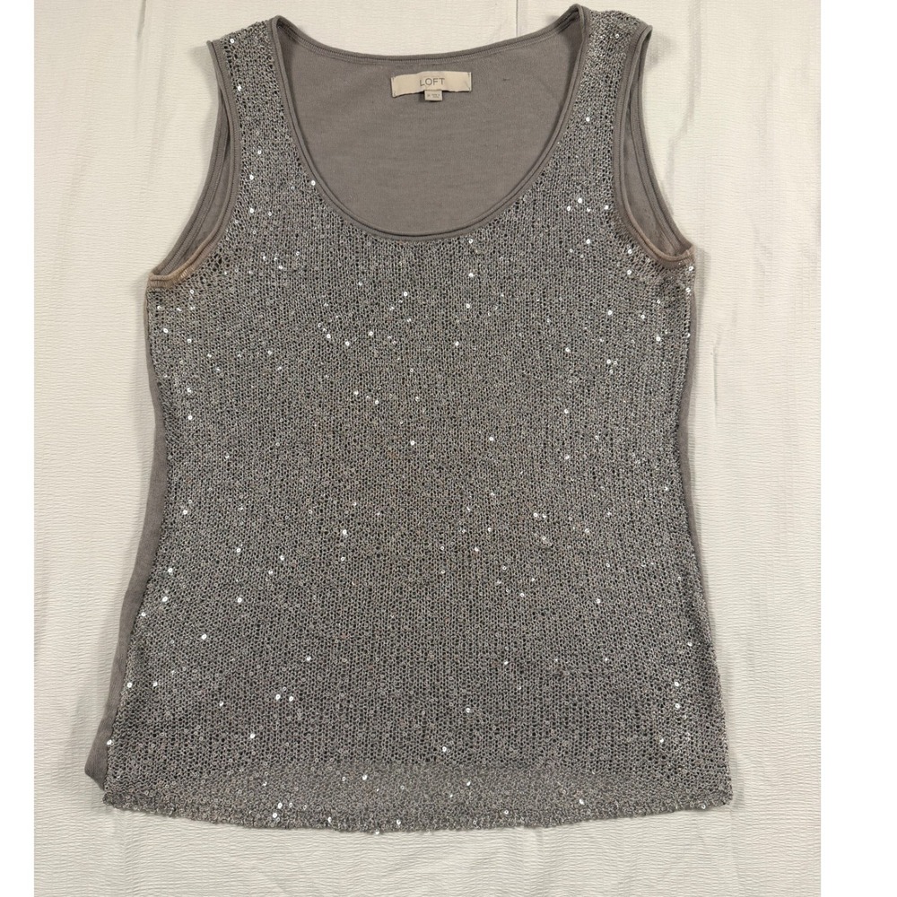 LOFT Womens Medium Gray Sequin Knit Sleeveless Tank Top Scoop Neck Shimmer Shell